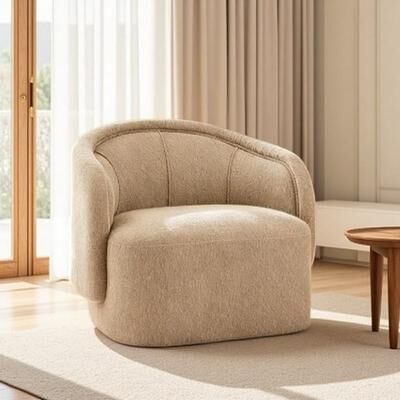 Curved Boucle Upholstered Accent Chair, Modern Armchair with Plush Integrated Cushion, Ergonomic Lounge Seating