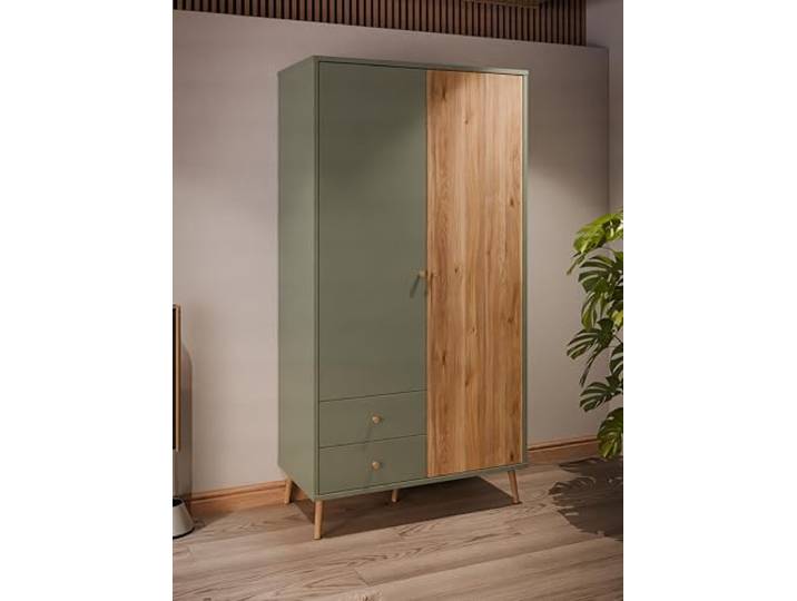 Forte Harllson, einfache Montage Dank EasyKlix Kleiderschrank 2-türig, 2 Schubladen, Einlegeböden, Kleiderstange, Salbei mit Holzdekor: Mauvella Eiche, 105 cm breit x 202 cm hoch x 52 cm tief