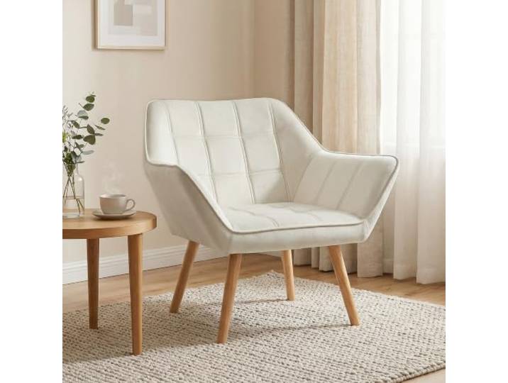 HOMCOM Sessel Wohnzimmer Ohrensessel Loungesessel Relaxsessel mit Gummiholzbeine, Lesesessel mit Samtoptik, Polstersessel für Schlafzimmer, skandinavisch, Cremeweiß