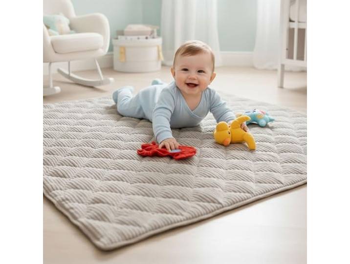 Sanosoft® Soft-Cord Krabbeldecke - rutsch- & wasserfest - Öko Tex & Made in Germany (Natur/Creme, 130x150cm)