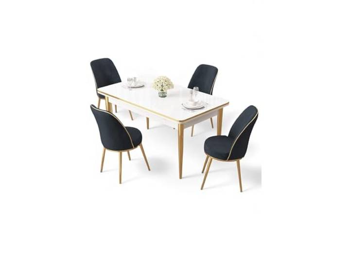 Hanah Home Modern 5-Piece Dining Table & Chairs Set, White/Gold/Anthracite, 100% Melamine Coated Chipboard, Metal Legs, Stylish & Durable Design