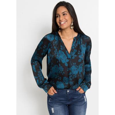 Tunika BONPRIX, Damen, Gr. 48, schwarz (schwarz, blaupetrol floral), Obermaterial: 100% Polyester, gerade, Tuniken, moderner Look, gerade Passform, aus Polyester, mit schönem Druck