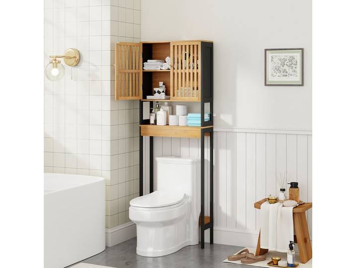 Meuble de WC/Étagère de Toilettes Noir et bois clair Bambou Véritable - Sanless BRS43B