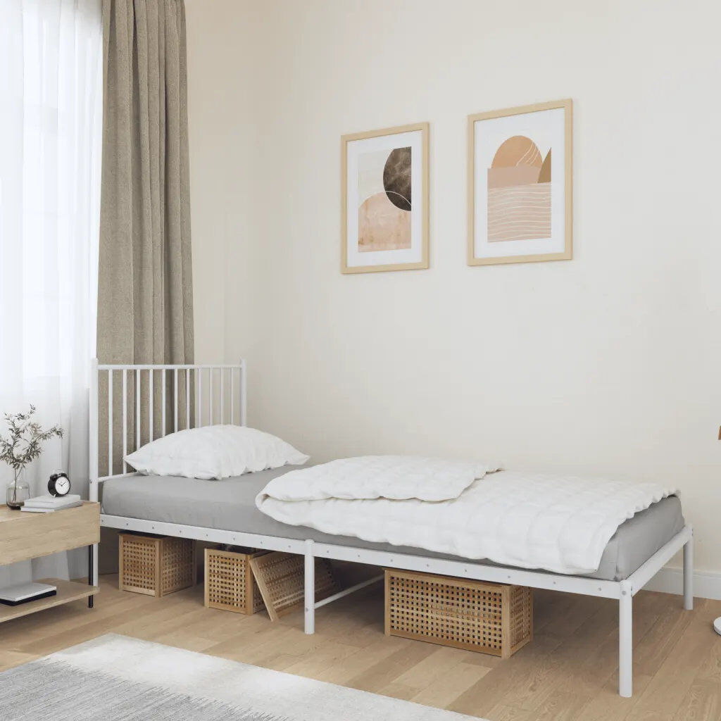 17 Stories Metal Bed Frame with Headboard White 90 x 190cm