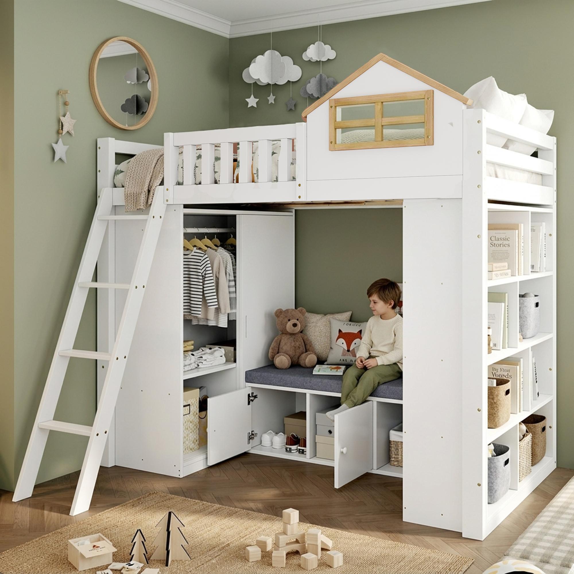 Merax Hochbett Etagenbett 90x200cm mit Hausdesign, Kinderbett mit Kleiderschrank, offenen Regalen, Sitzbank mit Stauraum und Leiter, Weiß/Natur