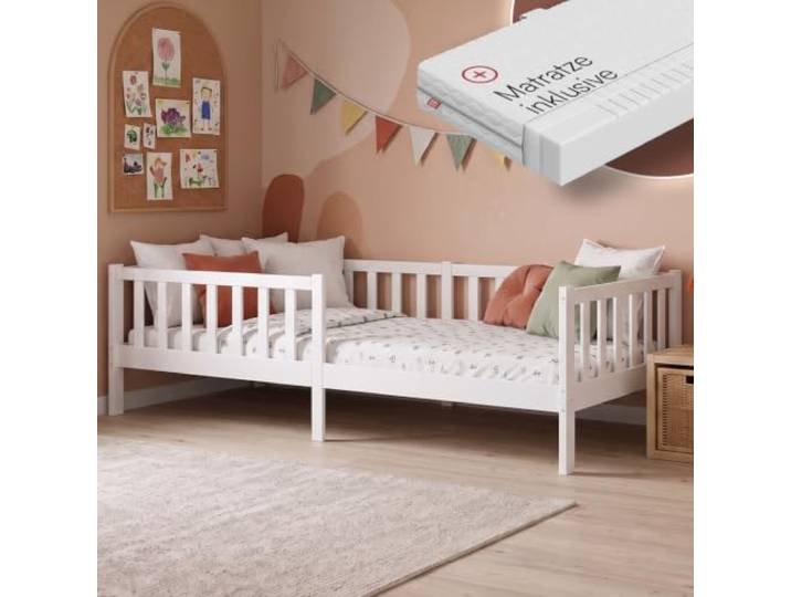 Bellabino Vere Kinderbett 90x200 cm, Massivholz Kiefer, mit Matratze, Weiß Montessori Kinderbett mit Rausfallschutz & Lattenrost, Massivholzbett für Jungen & Mädchen aus Holz Kiefer, Kleinkindbett