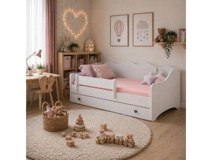 Lit enfant EMMA WHITE avec barrière et tiroir 140x70 – avec matelas