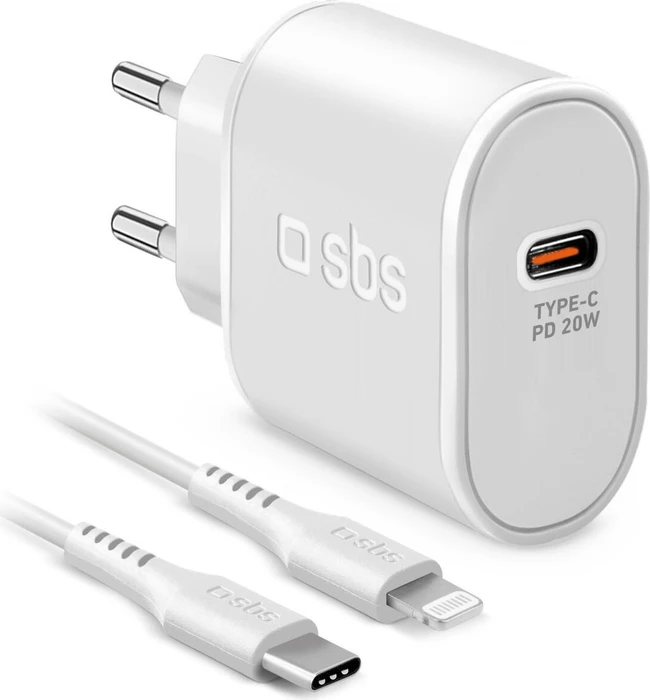 SBS PD-Reiselader USB-C 20W inkl. Lightning auf USB-C Kabel, weiß