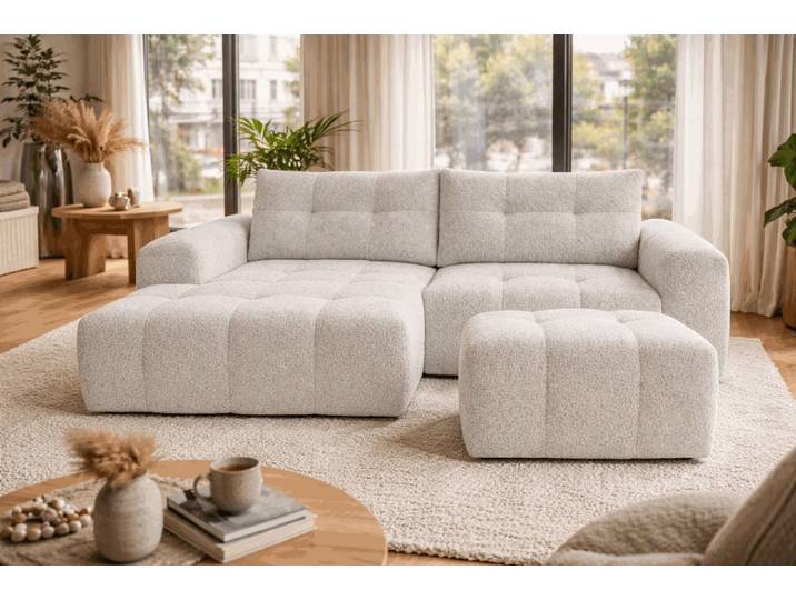Compleo Ecksofa Boucle, Designersofa, Sitzhocker als Option RAVI, Modern Schlafzimmer