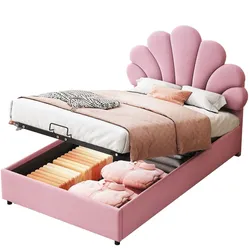 Polsterbett 90x200 cm mit Stauraum und geblümtem Kopfteil – elegantes Samt-Design in Rosa für mehr Komfort und Ordnung