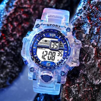 Fusion Finds Digital Sports Watch With Transparent Design, LED Display & Waterproof Unisex Silicone Strap blue