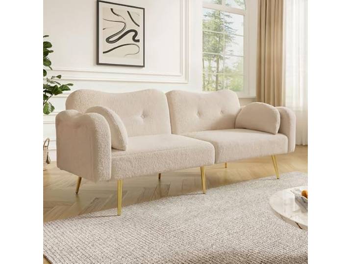 Merax Schlafsofa 2-Sitzer Sofa mit Schlaffunktion, Klappsofa mit unabhängig verstellbaren Doppelrückenlehnen, vergoldeten Metallfüßen, Sofabett für Wohnzimmer/Schlafzimmer/Wohnung, Beige