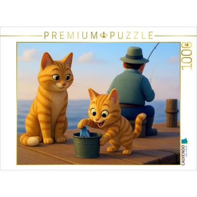 CALVENDO Puzzle Gut, aufpassen, dass er nichts merkt - Cartoon Katzen stehlen Fisch | 1000 Teile Lege-Größe 64x48cm Foto-Puzzle für glückliche Stunden