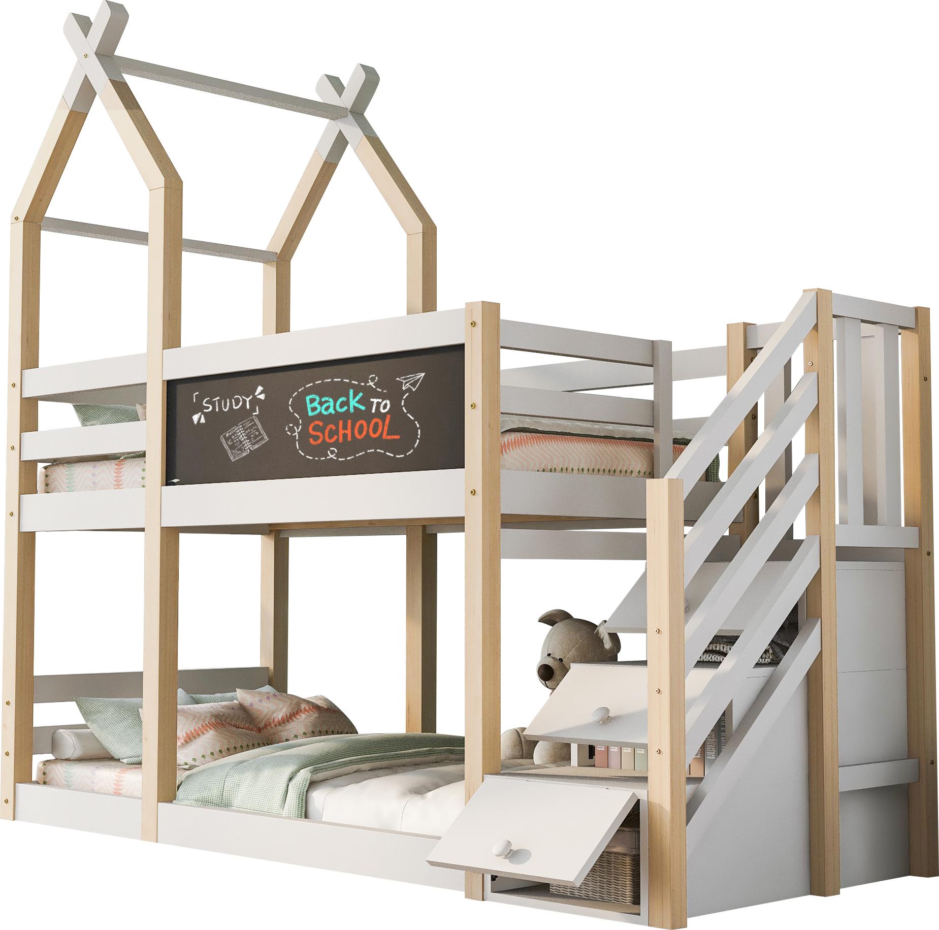 Etagenbett 90 x 200 cm, Natur + Weiß, ohne Matratze, mit Tafel und Rausfallschutz