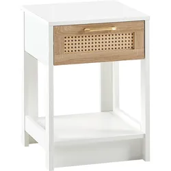 MODFU Beistelltisch MDF Natur/Weiß mit Schublade, Rattan-Optik, leicht zu reinigen