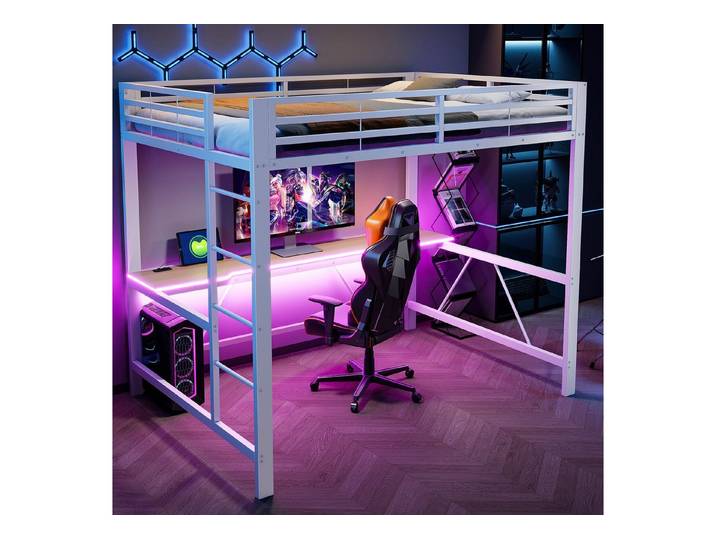 STILVORA Hochbett 140x200 mit Schreibtisch Jugendbett Metallbett mit USB (Funktionbett mit LED-Beleuchtung und integrierten Schreibtisch, mit einem erhöhten Schutzgitter) Einfache Montage