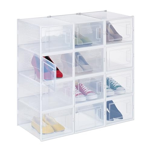 Relaxdays schoenenorganizer set van 12, stapelbaar en transparant, wit