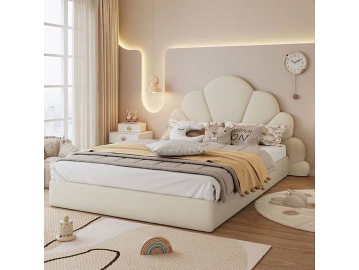 Lit double 140x200cm rembourré tête pétales courbés - Velours beige - Moderne élégant & confortable - Cadre design - Sans Matelas