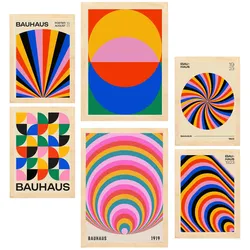 POSTER Set Mit 6 Geometrische Bauhaus Farben In Leuchtenden Farben A3 & A4 Rahmen Aus Hellem Holz