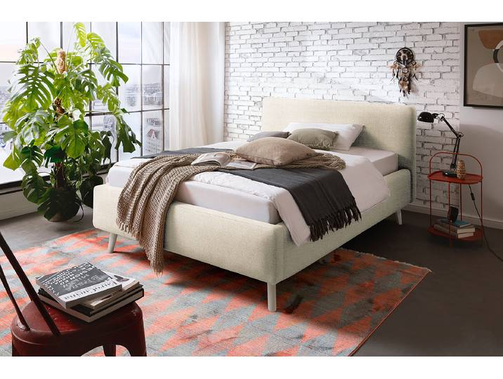 Polsterbett 120 x 200cm Webstoff Hevi Beige mit Lattenrost Eiche