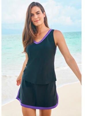 Plus Size Women's Chlorine-Resistant A-Line Two-Piece Skirtini Set by Swim 365 in Black Mirtilla (Size 14)
