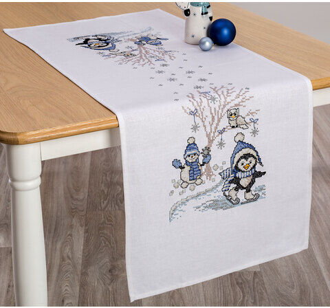 Stickläufer "Schneemann & Pinguin"