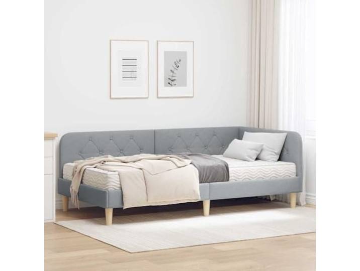 RJPLMFV Eckbettgestell, hellgrau, 90 x 190 cm, Stoff Schaumstoffmatratze, inklusive Lattenrost, Polyesterbezug, L-Design für kleine Wohnung