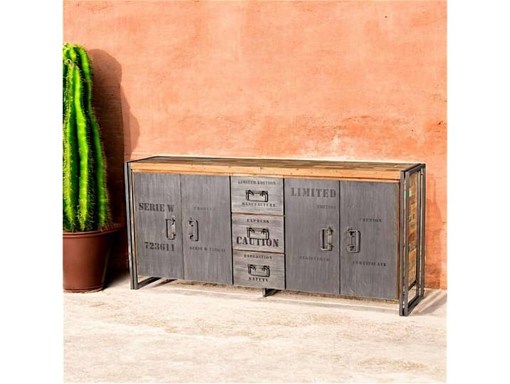 Buffet bois recyclé 4 portes 3 tiroirs 200x90 CARAVELLE