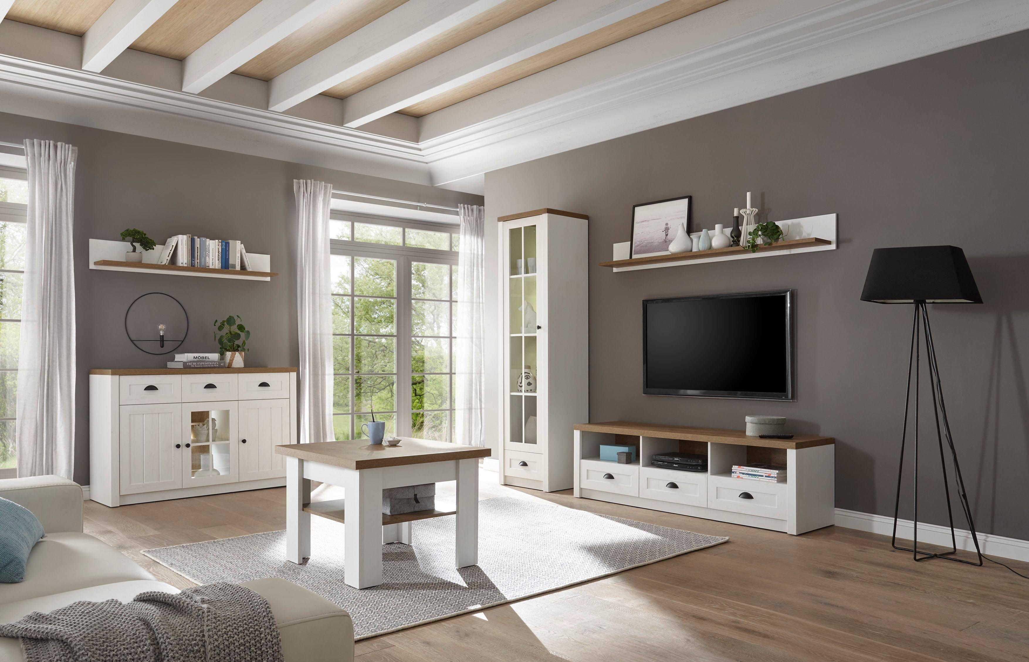 Wohnwand HOME AFFAIRE "Beauvais", weiss (weiß pinie dekor, weiß pinie dekor, applikation eichefarben dekor), B:230cm H:198cm T:43cm, Holzwerkstoff, MDF, Kastenmöbel-Sets, Wohnwand weiß pinie dekor, weiß pinie dekor, applikation eichefarben dekor B/H/T: 23