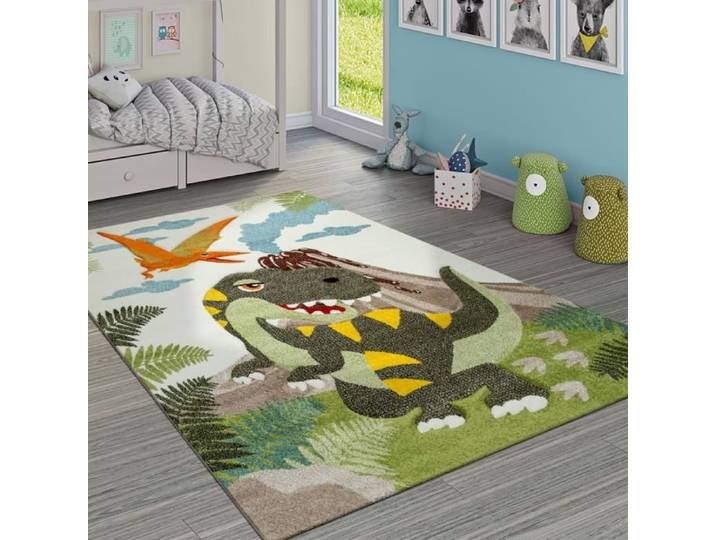 Tapis Chambre Enfant Adorable Dinosaures Jungle Volcan Effet 3-D Poils Ras Vert [160x230 cm]