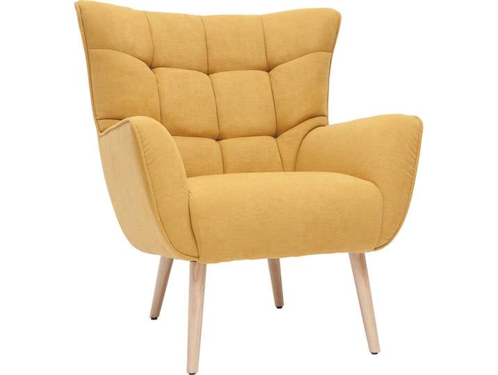 Fauteuil scandinave en tissu effet velours jaune moutarde et bois clair AVERY