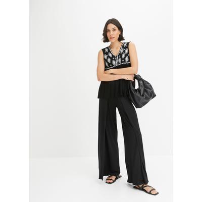 Blusentop BONPRIX, Damen, Gr. 42, schwarz-weiß (schwarz), Obermaterial: 100% Viskose, regular fit, Blusen Blusentop, mit hochwertiger Stickerei, ärmellos, aus Viskose, Regular Fit