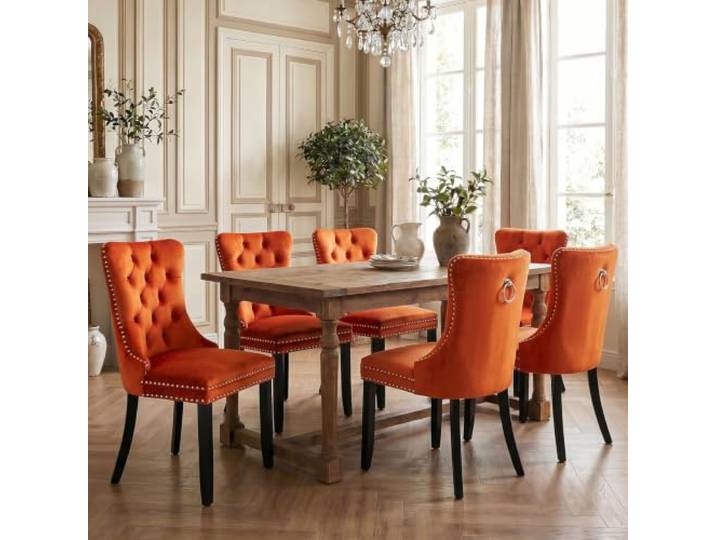 SoarTalent 6er Set Esszimmerstühle Samt gepolstert Nagelkopf, Orange Samt gepolstert, Nagelkopfbesatz, Massivholzbeinen, Metall-Ziehring, für Esszimmer & Wohnzimmer