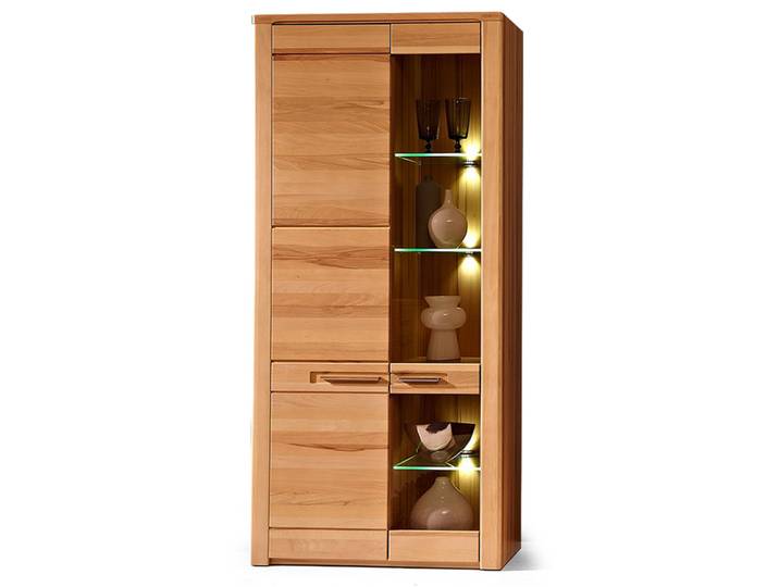 NESTOR PLUS Standvitrine hoch, Material Teilmassiv, Kernbuche