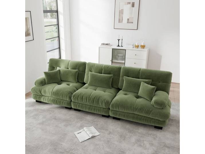 ROVRYN Canapé modulable 3 places 313 cm assise profonde chenille verte avec coussins
