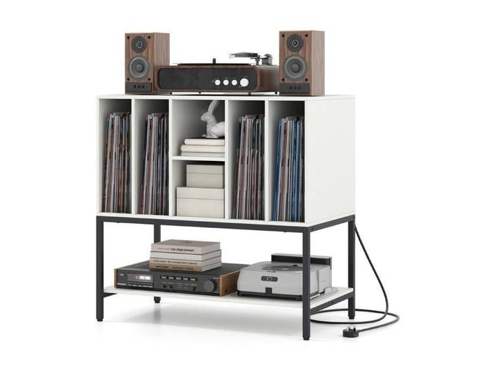 GOPLUS Petit Meuble de Rangement pour 150 Disques Table Tourne-disque avec Station de Chargement Etagères Cadre en Métal Blanc