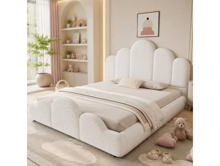 Lit double 140x200 cm lit rembourré tête de lit rembourrée tissu bouclé beige