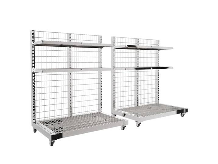 goodsforbusiness Verkaufsregal Metallgitter rollbar, 158x131x86cm, 2er Set Profi-Rollregal stabiles Lagerregal Chrom inkl. Böden für Tankstellen und Verkaufsmärkte, Traglast 300kg