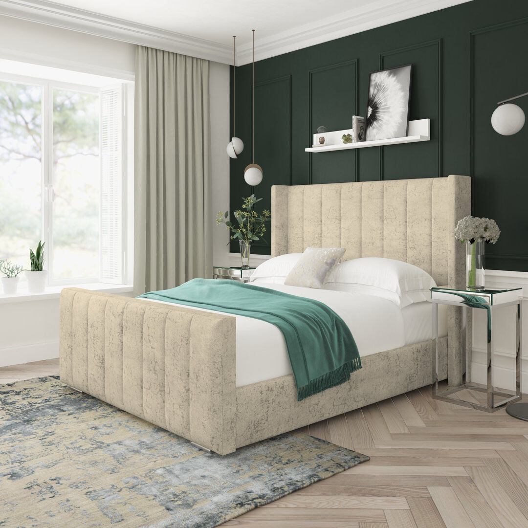 Lark Manor Aspen Marble Upholstered Bed Frame Oatmeal Double (4'6)