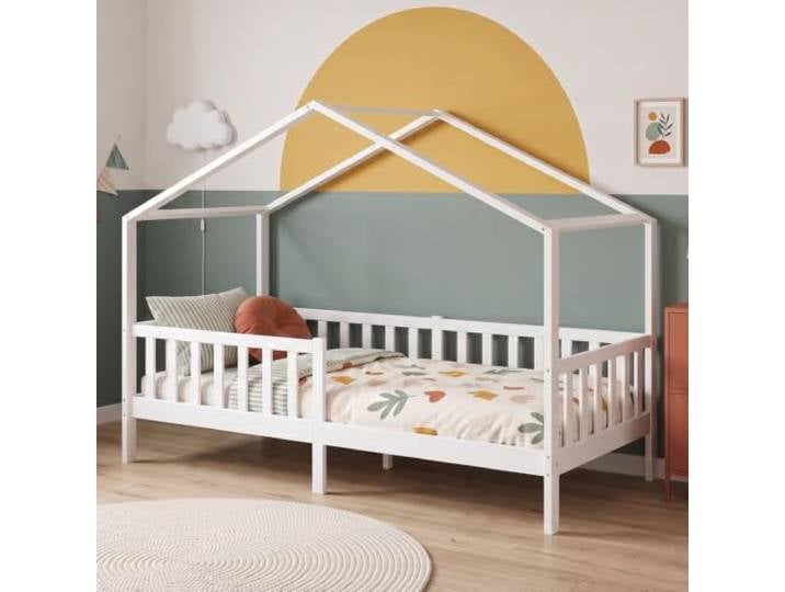 Bellabino Bia Kinderbett 80x160 cm, Hausbett, Weiß, mit Rausfallschutz Montessori Holzbett aus Massivholz Kiefer, mit Lattenrost, für Jungen & Mädchen, Kinderzimmermöbel, Bettgestell, Holzrahmen