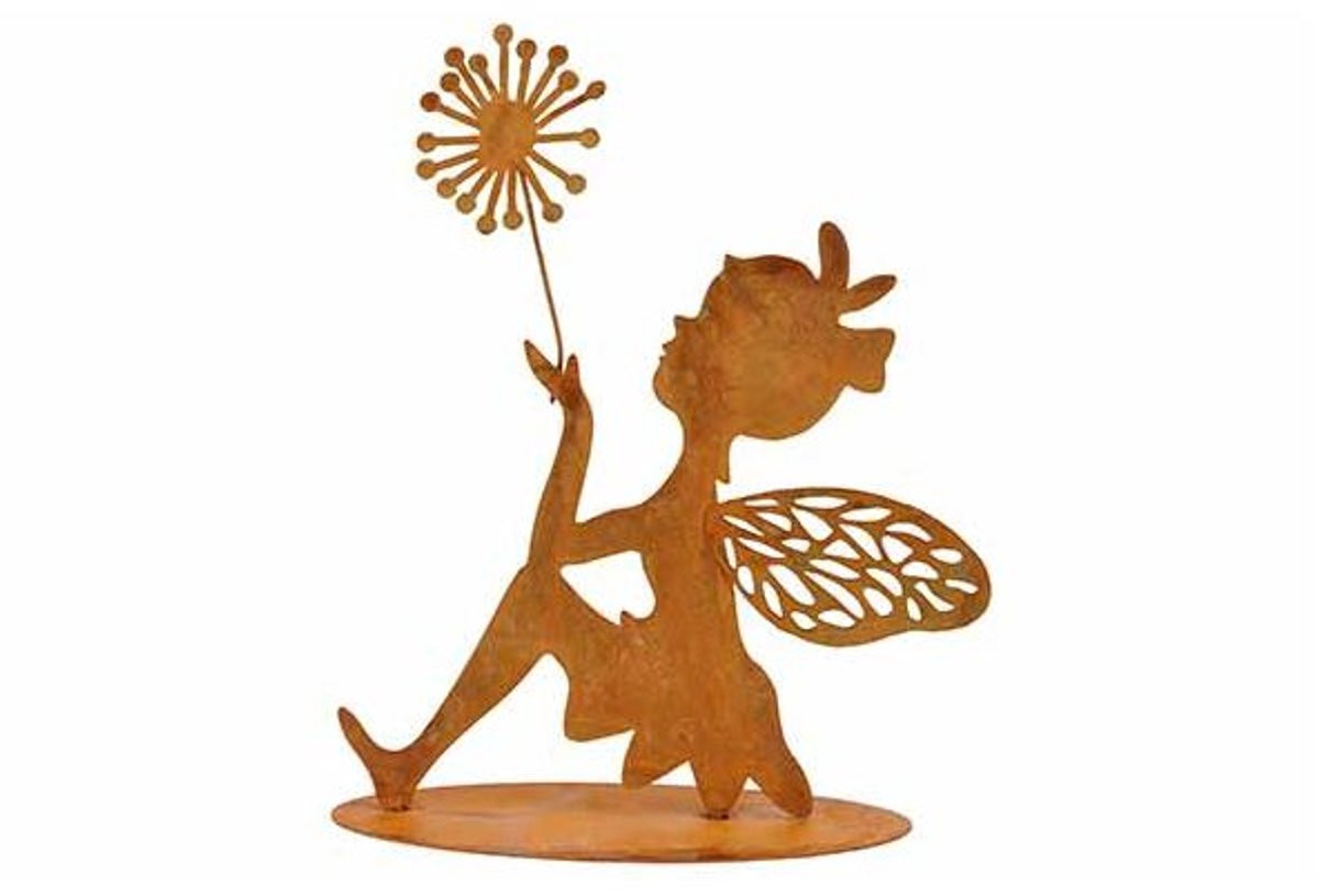 Cosy @ Home Beeld Fairy Sitting Holding Flower Roest Metaal H 16 x B 14 x D 6 cm