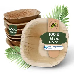 BIOZOYG 100 Stück Dipschälchen 15ml quadratisch Einwegschälchen Palmblattschälchen Snackschälchen, kompostierbar, ideal für Fingerfood und Snacks