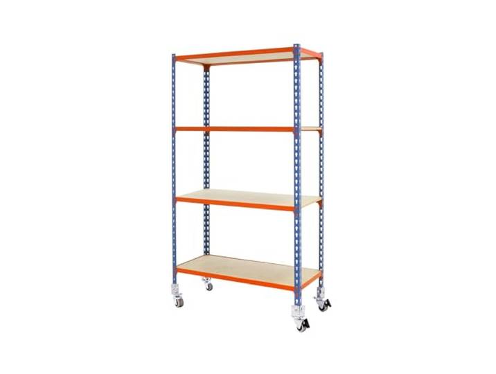 Simon Rack Metallregal mit Rollen 1575x1000x400 mm - Maderclick 4 Höhen, Holzablage, Biegepunkt 75 kg, Korrosionsschutzlackierung, Klicksystem-Montage, Blau/Orange