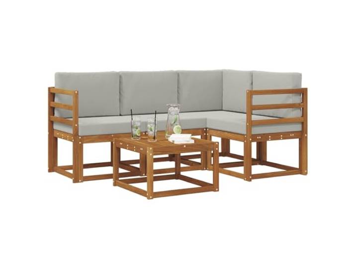 KTHLBRH Sofa-Set für den Außenbereich, 5-teilig, Holz, Akazie, Natur, Grau Modular mit Tisch, 4 Sitzplätze, inklusive Kissen, Lattenrost-Design, für Garten und Terrasse