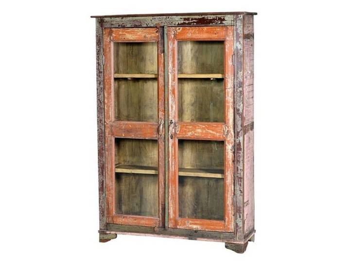 Luxury-Park-Direct Kommode Indien hohe Glasvitrine aus Laden dunkles Holz mit 3 Einlegeböden. Lux