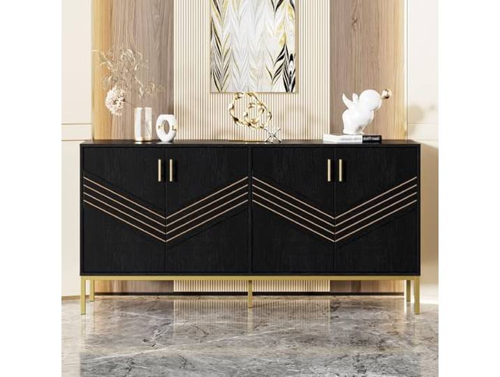 FammyLoft Sideboard Wohnzimmer mit 4 Türen, Wohnzimmerschrank mit Metallbeinen, Esszimmerschrank mit Höhenverstellbare Regale für Wohnzimmer, Esszimmer & Flur, Grifflos, Schwarz