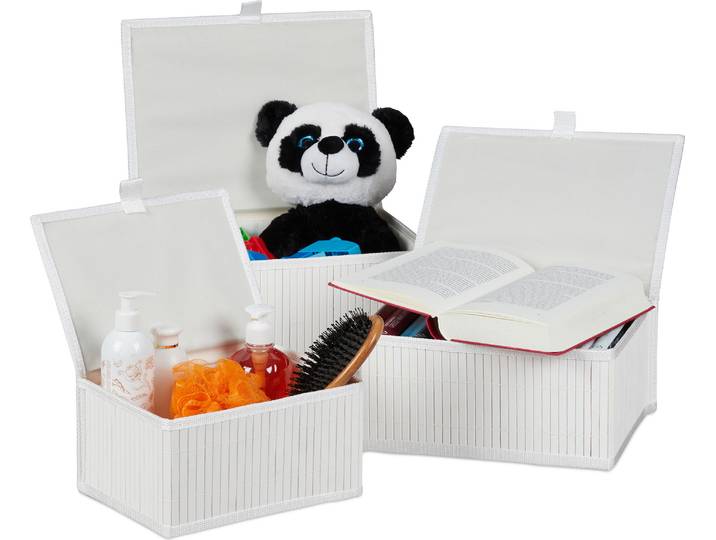 Lot de 12 paniers de rangement\, avec couvercle et doublure en tissu\, paniers en bambou\, boîtes de rangement décoratives\, 3 tailles\, paniers d'étagère\, blancs