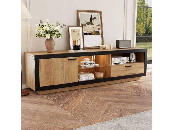 Armoire TV LED Commode TV Centre de divertissement moderne Lowboard avec parquet en verre pour salon Chambre à coucher