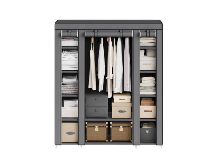 JOYFURNOS Armoire en tissu avec housse, penderie de rangement, 12 compartiments, cadre en métal pour chambre, gris