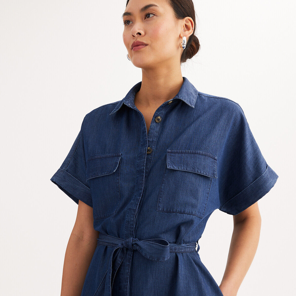ANNE WEYBURN Robe évasée, longue, manches courtes, en denim light